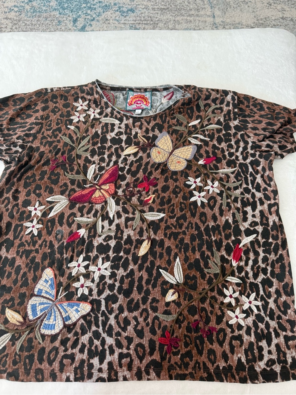 Johnny Was Penelope Shirt Leopard Brown Relaxed Top Butterfly Embroidery L D87